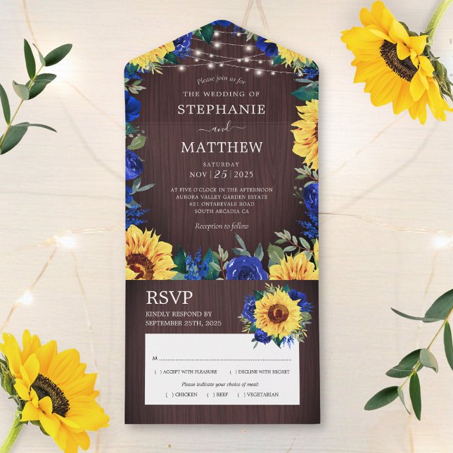 Rustic Sunflower Blue Roses Lights Wedding All In One Invitation (Creator Uploaded)