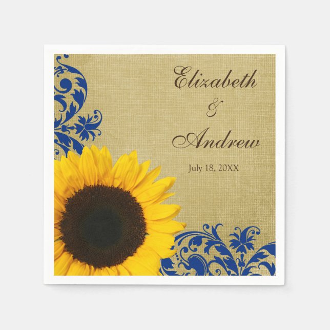 Rustic Sunflower Blue Swirls Personalized Wedding Napkin (Front)