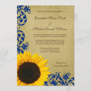 Rustic Sunflower Blue Swirls Wedding Invitation