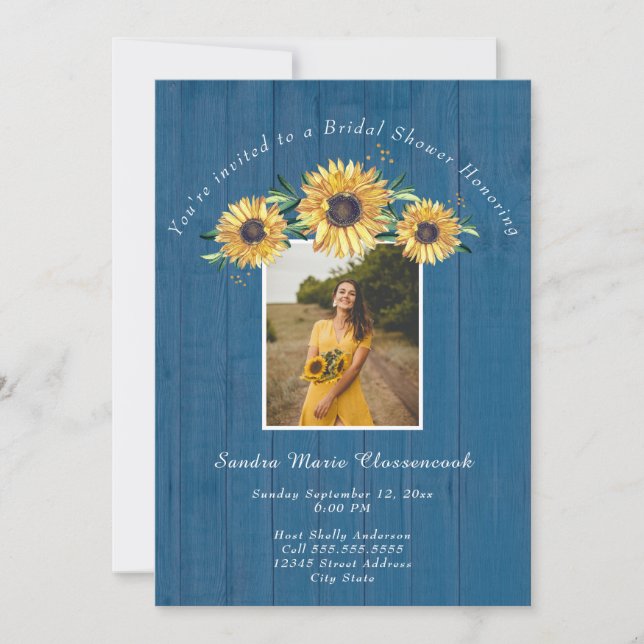 Rustic Sunflower Blue Wood Wedding Bridal Shower I Invitation (Front)