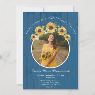 Rustic Sunflower Blue Wood Wedding Bridal Shower I Invitation