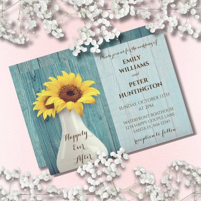 Rustic Sunflower Blue Wood Wedding  Invitation (Rustic Sunflower Blue Barnwood Wedding Invitation)