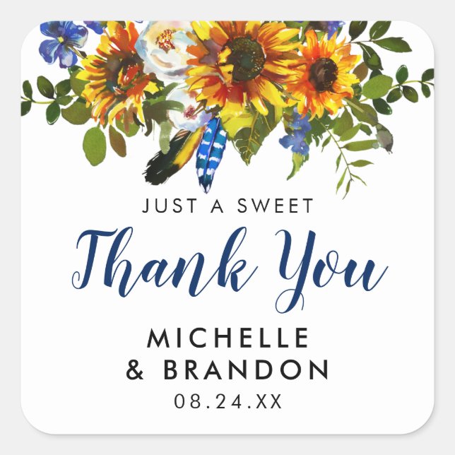 Rustic Sunflower Boho Thank You Wedding Favour Square Sticker (Front)