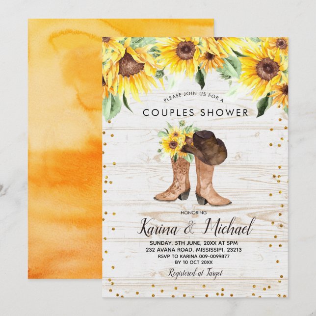 Rustic Sunflower Boots Couples Shower Invitation (Front/Back)