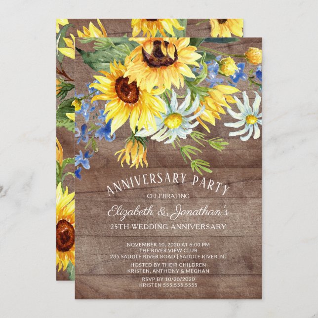 Rustic Sunflower Bouquet 25th Anniversary Party Invitation (Front/Back)