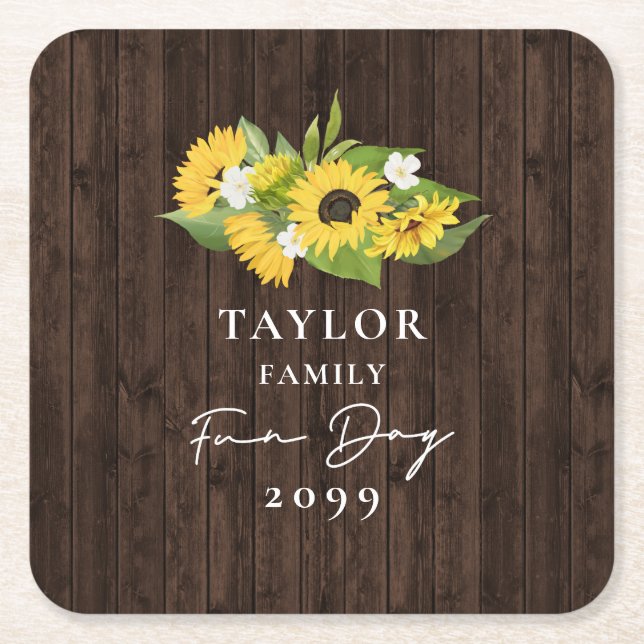 Rustic Sunflower Bouquet Family Fun Day Square Paper Coaster (Front)