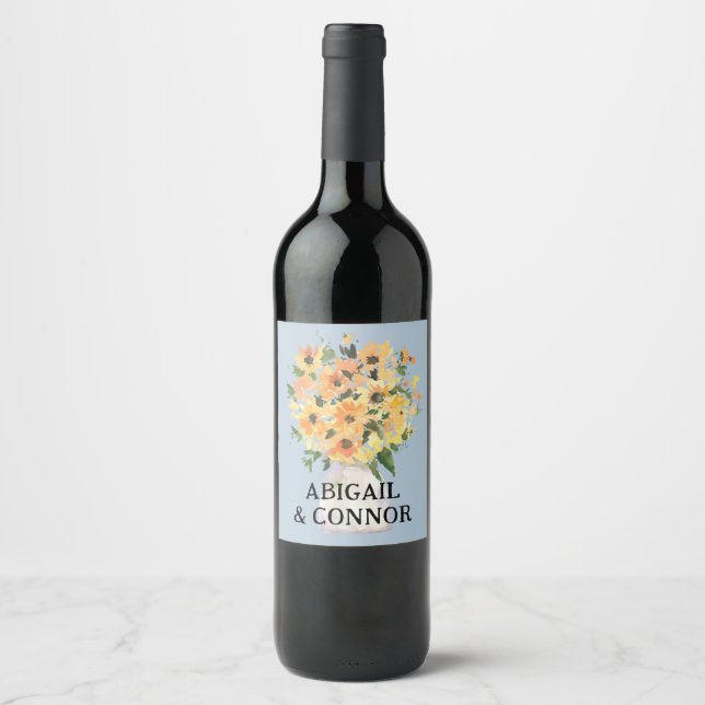 Rustic Sunflower Bouquet Watercolor Wine Label (Front)