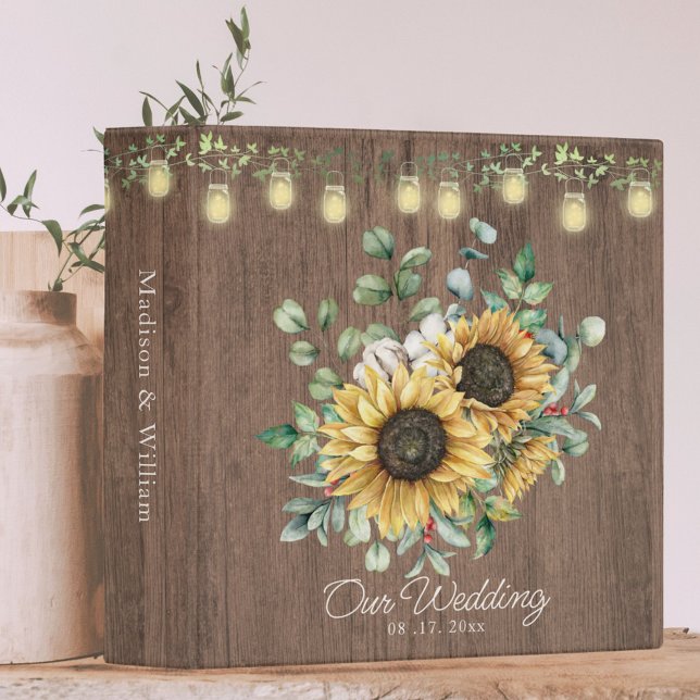 Rustic Sunflower Bouquet Wooden Wedding Album Binder (In situ on table)