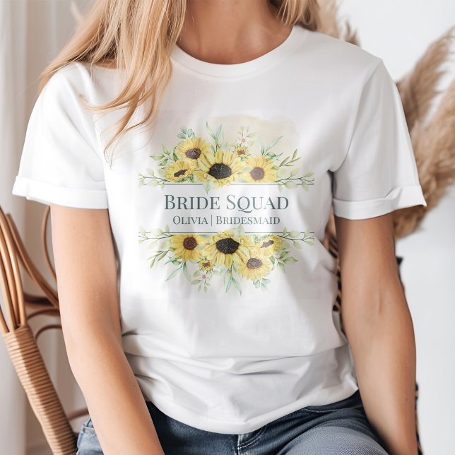 Rustic Sunflower Bridal Squad T-Shirt (A young blond woman wearing a Rustic Sunflower Bridal Squad T-Shirt.)