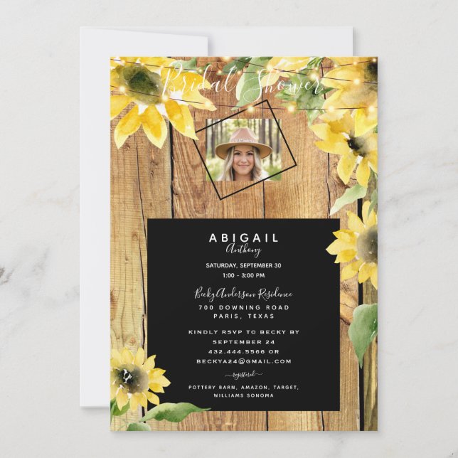 Rustic Sunflower Bride Photo Wood Lights Bridal Invitation (Front)