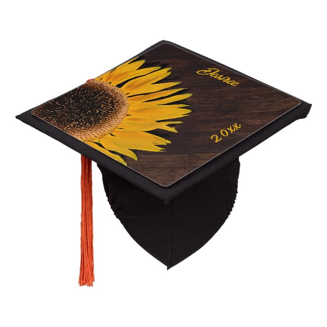 Rustic Sunflower Brown Country Wood Graduation Cap Topper (Angled)
