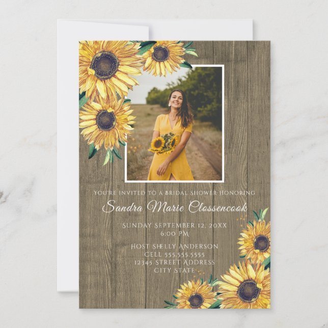 Rustic Sunflower Brown Wood Wedding Bridal Shower  Invitation (Front)