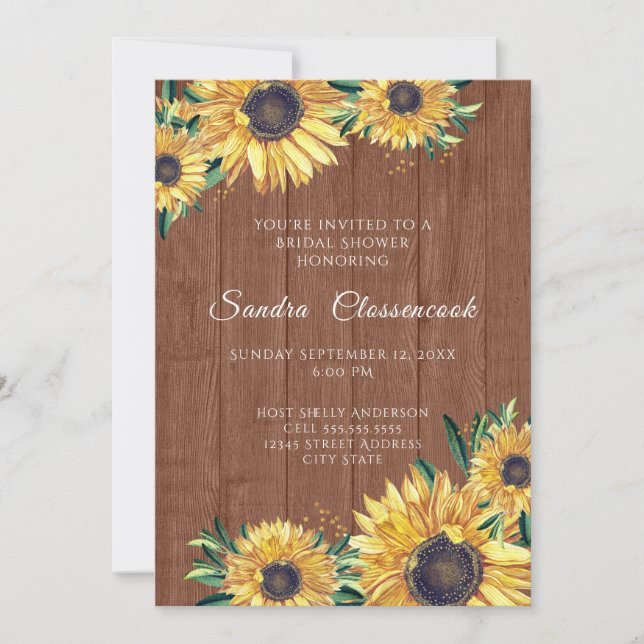 Rustic Sunflower Brown Wood Wedding Bridal Shower  Invitation (Front)