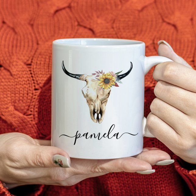 Rustic Sunflower Bull Skull Custom Name Coffee Mug (Creator Uploaded)