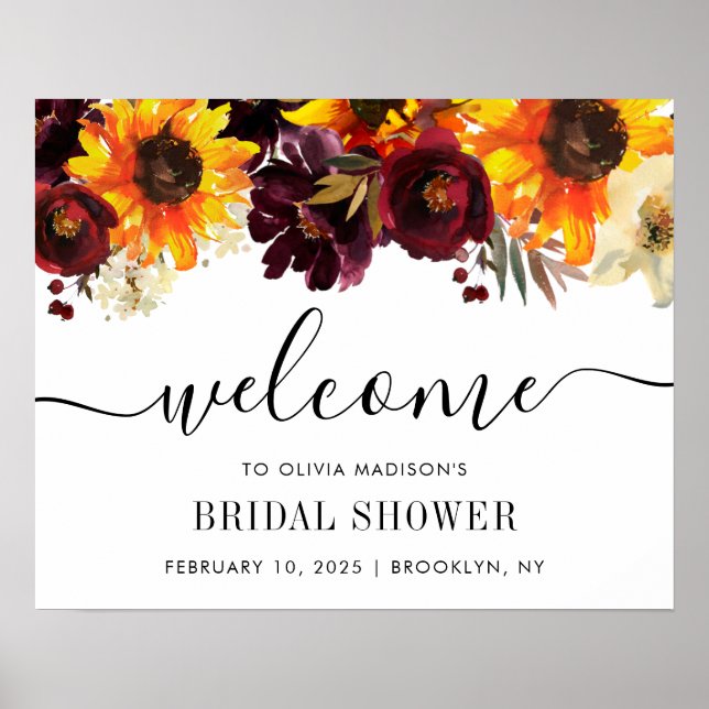 Rustic Sunflower Burgundy Bridal Shower Welcome Poster (Front)