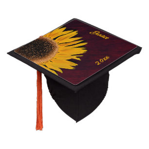Rustic Sunflower Burgundy Country Wood Graduation Cap Topper