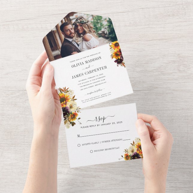 Rustic Sunflower Burgundy Floral Photo Wedding All In One Invitation (Tearaway)