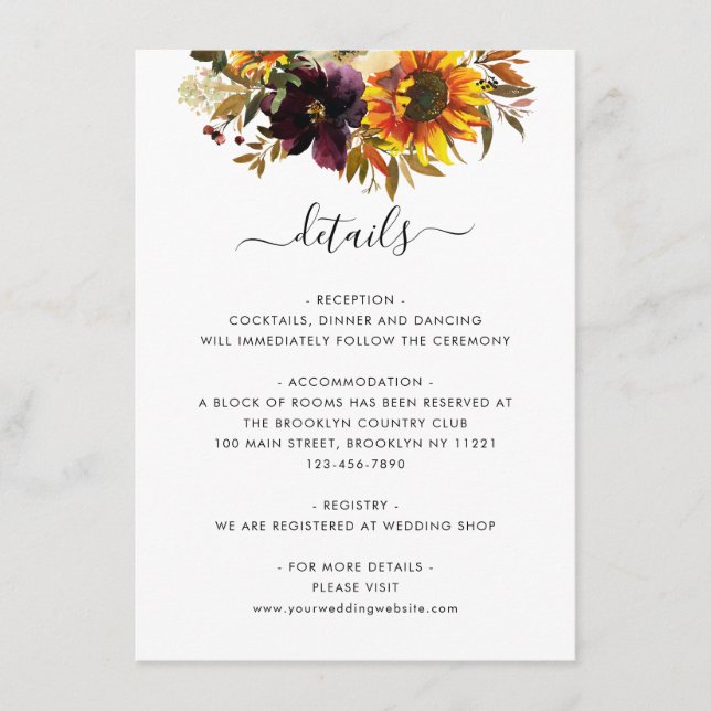 Rustic Sunflower Burgundy Floral Wedding Details Enclosure Card (Front)