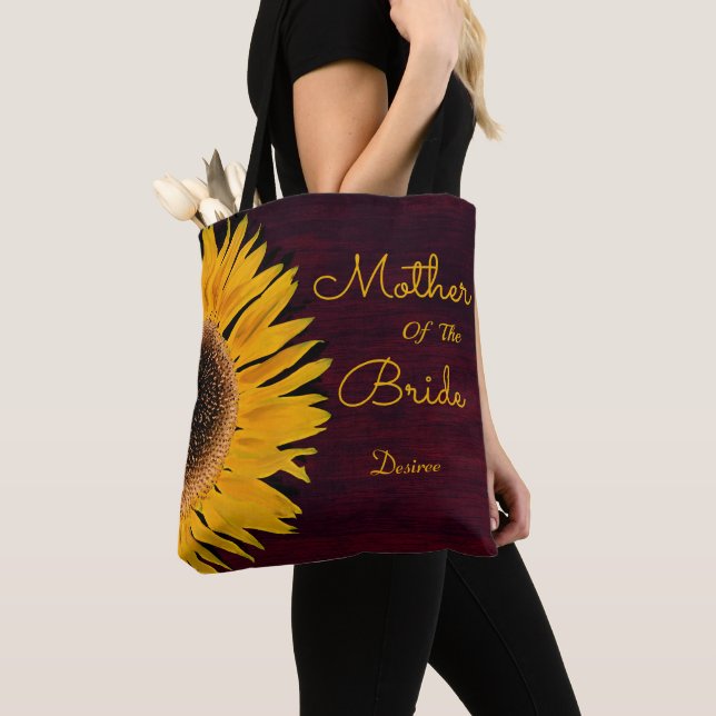 Rustic Sunflower Burgundy Mother Of The Bride Tote Bag (Close Up)