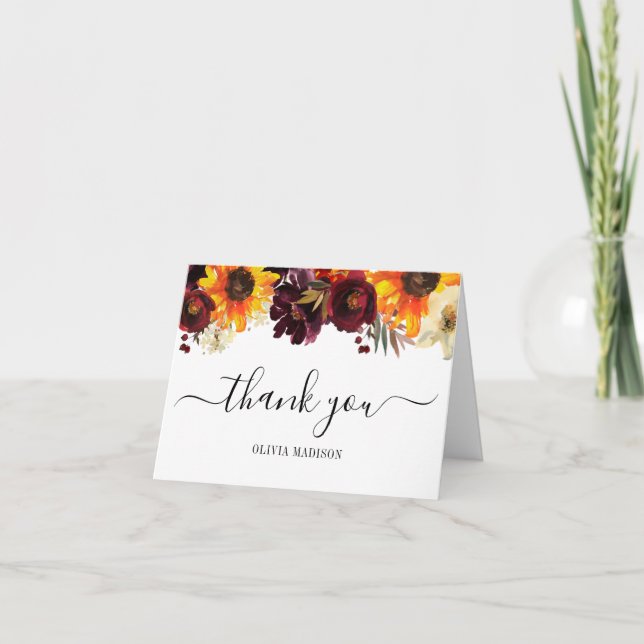 Rustic Sunflower Burgundy Peony Bridal Shower Thank You Card (Front)