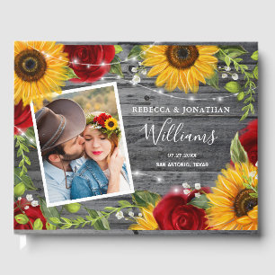 Rustic Sunflower Burgundy Red Rose Wood Wedding Guest Book