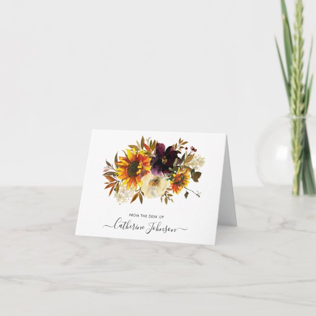 Rustic Sunflower Burgundy Rose Floral Watercolor Note Card (Front)