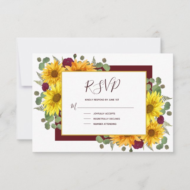 Rustic Sunflower Burgundy Roses Country Wedding RSVP Card (Front)
