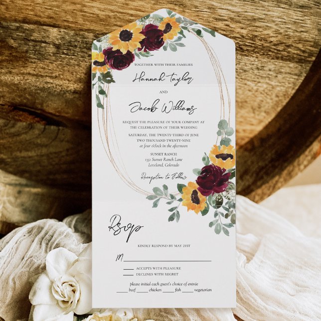 Rustic Sunflower Burgundy Roses with RSVP Wedding All In One Invitation (Creator Uploaded)