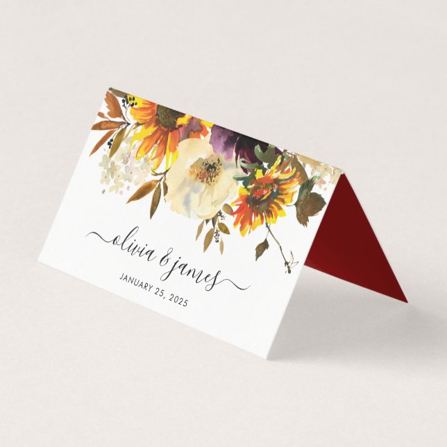 Rustic Sunflower Burgundy Watercolor Fall Wedding (Front)