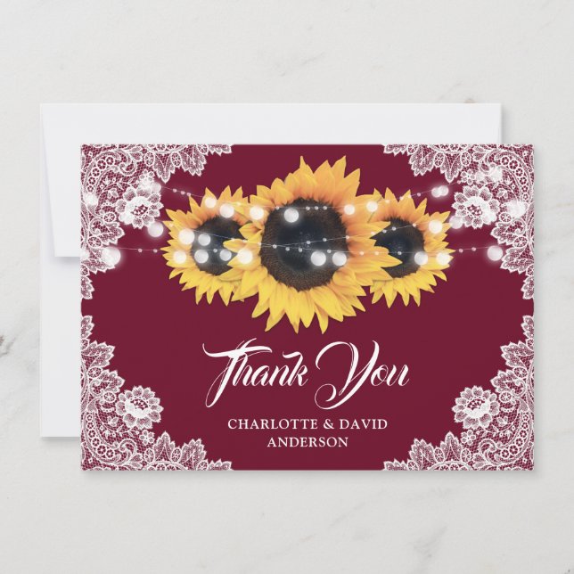 Rustic Sunflower Burgundy Wedding Thank You Card (Front)
