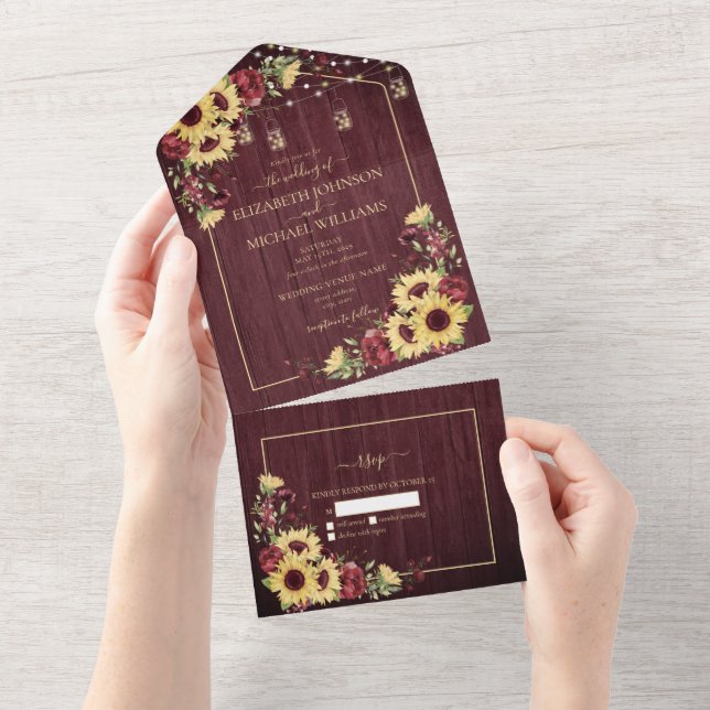 Rustic Sunflower Burgundy Wood Floral No Menu All In One Invitation (Tearaway)