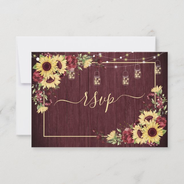 Rustic Sunflower Burgundy Wood Floral RSVP No Menu (Front)
