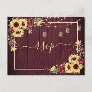 Rustic Sunflower Burgundy Wood Floral RSVP No Menu