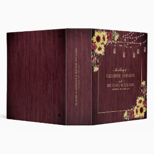 Rustic Sunflower Burgundy Wood Floral Wedding Binder