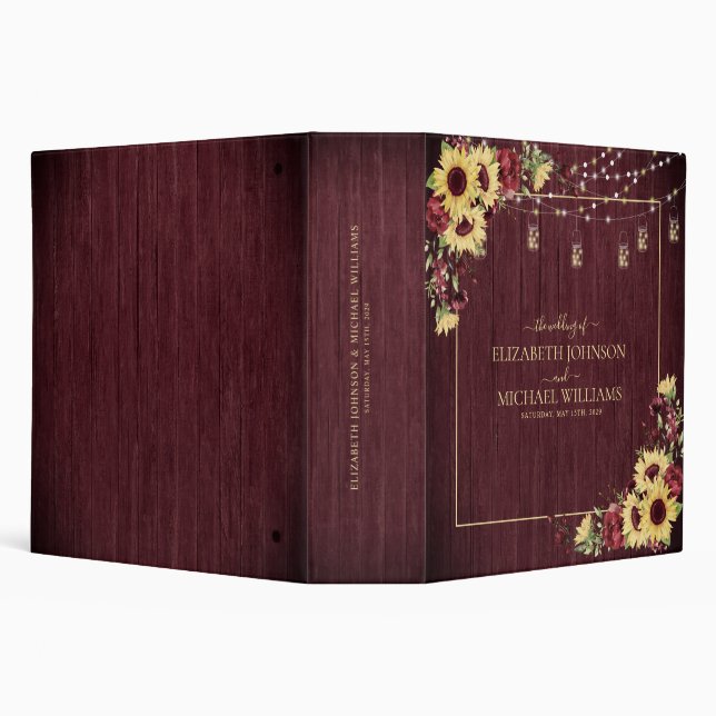 Rustic Sunflower Burgundy Wood Floral Wedding Binder (Background)