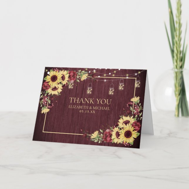 Rustic Sunflower Burgundy Wood Floral Wedding Card (Front)