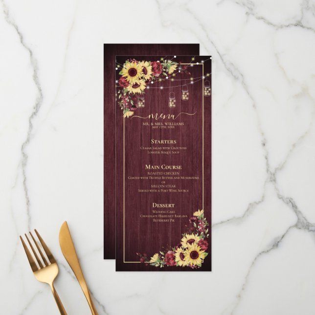 Rustic Sunflower Burgundy Wood Floral Wedding Menu (Front/Back In Situ)