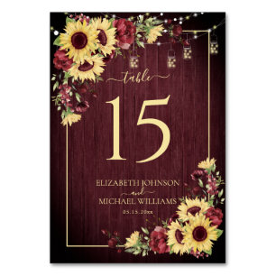 Rustic Sunflower Burgundy Wood Floral Wedding Table Number