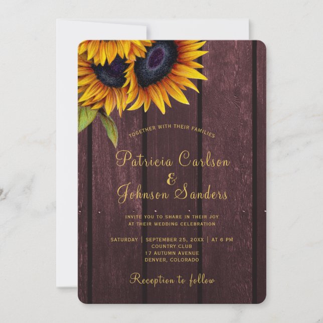 Rustic sunflower burgundy wood wedding invitation (Front)