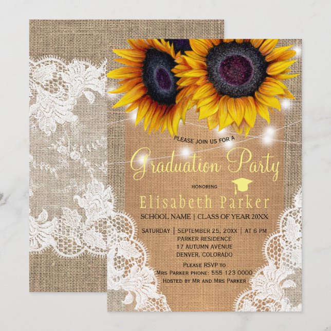 Rustic sunflower burlap and lace graduation party invitation (Front/Back)