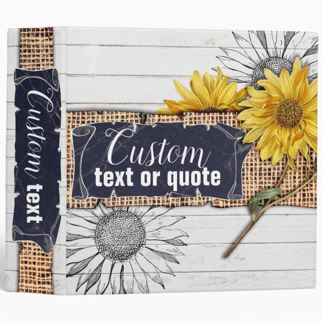 Rustic Sunflower Burlap Chalk Board Custom Text Binder (Front/Spine)