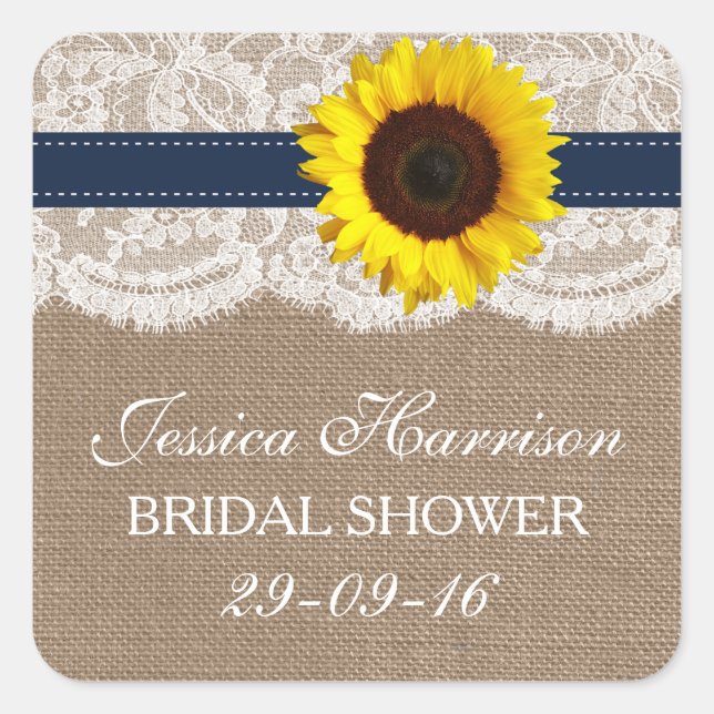 Rustic Sunflower, Burlap & Lace Bridal Shower Square Sticker (Front)