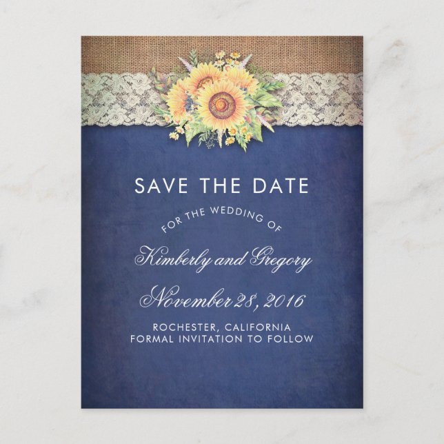 Rustic Sunflower Burlap Navy Save the Date Announcement Postcard (Front)