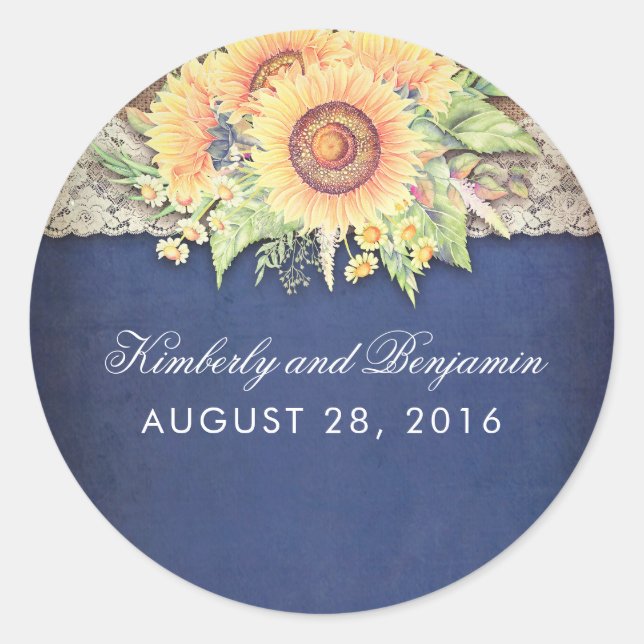 Rustic Sunflower Burlap Navy Wedding Classic Round Sticker (Front)