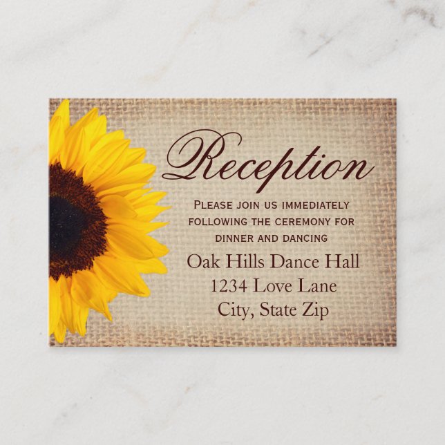 Rustic Sunflower Burlap Wedding Reception Cards (Front)