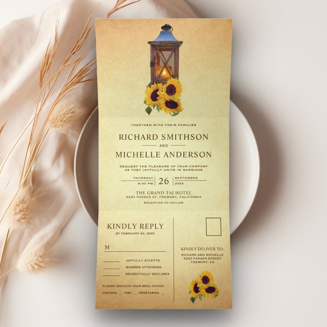 Rustic Sunflower Candle Lantern All in One Wedding Tri-Fold Invitation (Creator Uploaded)