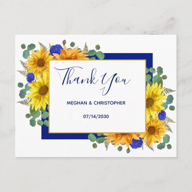 Rustic Sunflower Chic Blue Roses Wedding Thank You Postcard (Front)