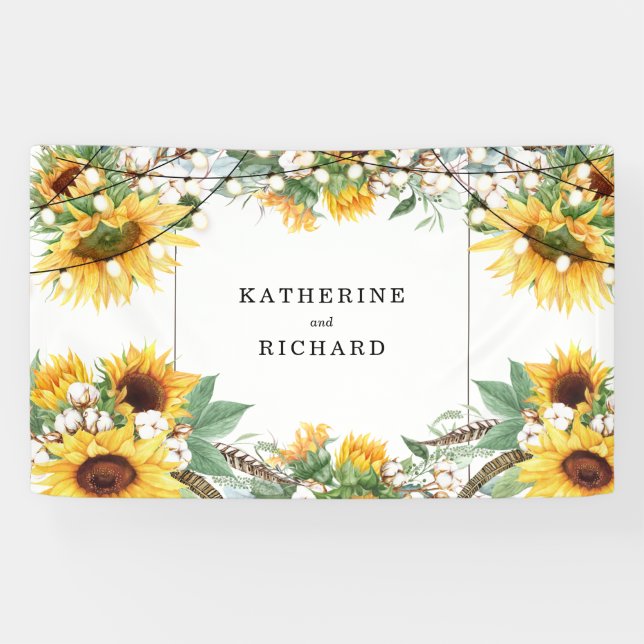 Rustic Sunflower Colourful String Lights Wedding Banner (Horizontal)