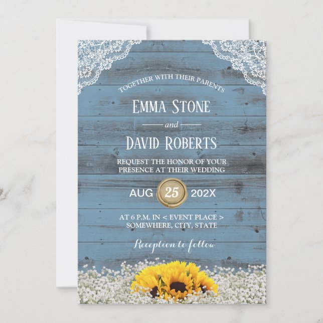 Rustic Sunflower Country Floral Blue Barn Wedding Invitation (Front)