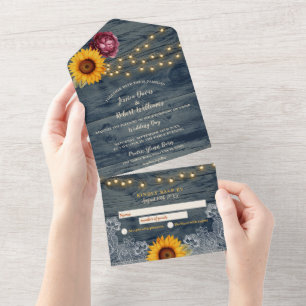 Rustic Sunflower Country Wood Barn Lace Wedding All In One Invitation
